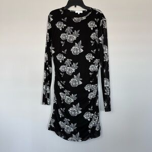 Black Floral Mesh Long Sleeve Bodycon Dress Ruched Midi (Stretch, Party)